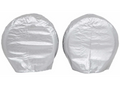 Silver Vinyl ADCO Ultra Tyre Gard RV Tire Cover Pair on White Spoke Wheels - Front View | United RV Parts