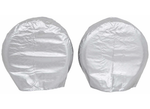 Silver Vinyl ADCO Ultra Tyre Gard RV Tire Cover Pair on White Spoke Wheels - Front View | United RV Parts