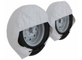 White ADCO Ultra Tyre Gard RV Tire Covers Installed on Trailer Wheels - Side View | United RV Parts