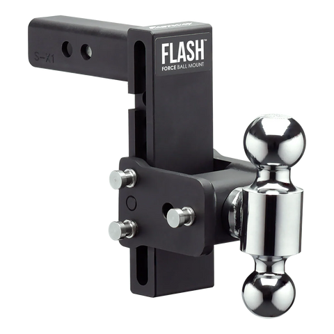 Black Forged Steel Flash Force Adjustable Ball Mount with Dual Chrome Hitch Balls - Angled Studio View | United RV Parts