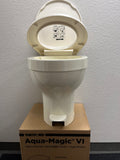 Parchment Thetford Aqua-Magic VI Hi Foot Flush RV Toilet - Front View with Open Seat | United RV Parts