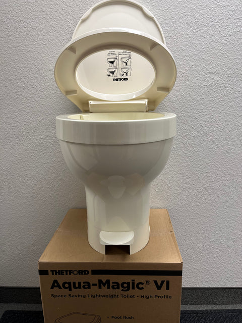 Parchment Thetford Aqua-Magic VI Hi Foot Flush RV Toilet - Front View with Open Seat | United RV Parts