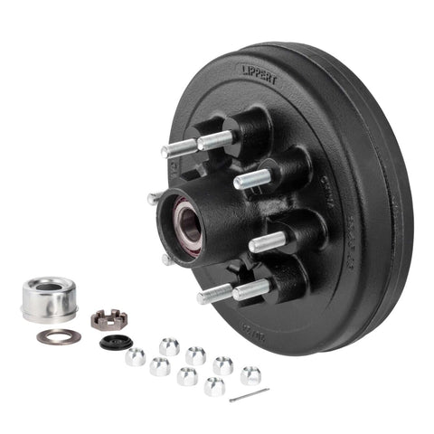 Black Cast Iron Brake Hub - Front Angle with Lug Studs and Hardware Kit | United RV Parts