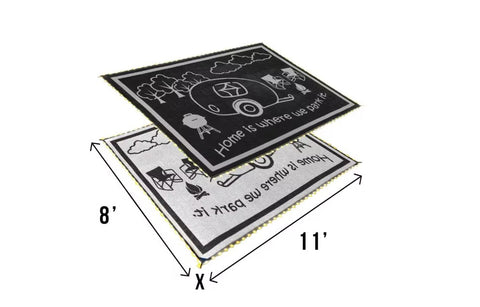 Elegante tapete para acampar | Tapete para casa rodante con luces | LRVH8111 | 2,44 m x 3,34 m | Negro/Blanco