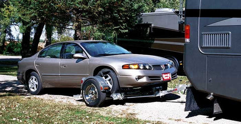 Silver Pontiac on Demco Kar Kaddy SS Behind RV - In-Use Setup | United RV Parts