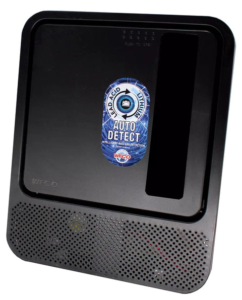 Black WFCO Power Converter - Angled View with Auto Detect Badge | United RV Parts