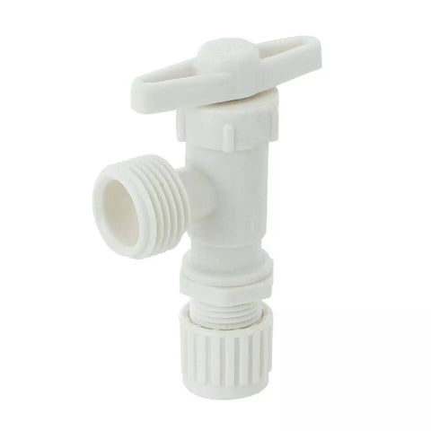 White Plastic Flair-It Washing Machine Valve 06887 - Side Angle View | United RV Parts