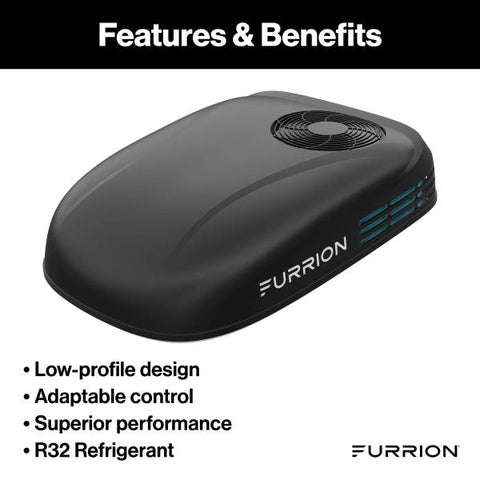 Black Furrion Chill HE Low-Profile RV AC Features - R32 Refrigerant, Angled View | United RV Parts