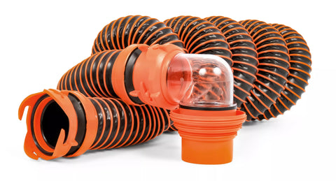 Orange RhinoEXTREME Sewer Hose - Coiled with Clear Elbow Detail | United RV Parts