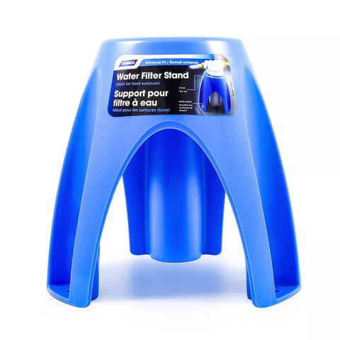 Blue Plastic Camco Water Filter Stand 40775 - Front View with Packaging | United RV Parts