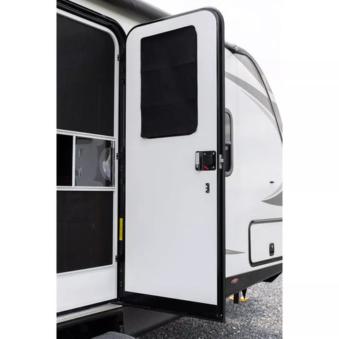 Black Camco Light Blocking Door Window Shade - RV Installation View | United RV Parts