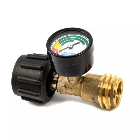 Camco 59023 LP Gas Regulator with Color-Band Gauge - 3/4 Angle View | United RV Parts