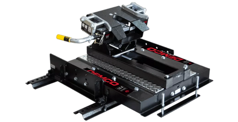 Black Steel Demco 21K 5th Wheel Hitch with Rails - Three Quarter View | United RV Parts