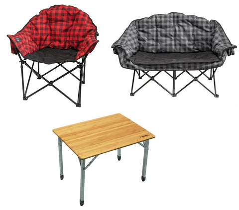 RV Camping Chair and Table Bundle - Red Plaid Single & Grey Double Chairs with Bamboo Table | United RV Parts