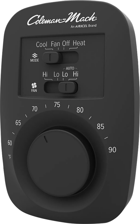 Black Coleman Mach Wall Thermostat 9420-351 Analog Heat Cool Control - Front View | United RV Parts
