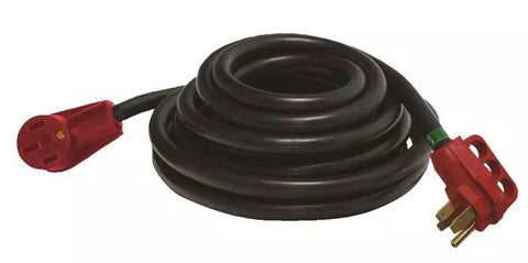 Black Rubber 50 Amp RV Extension Cord with Red Male and Female Ends Coiled - Side View | United RV Parts