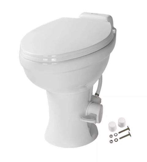 White Lippert Flow Max RV Toilet with Hardware - Product Package View | United RV Parts