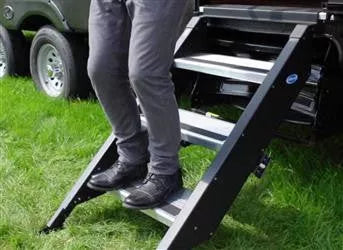 Black Steel MORryde 30 Inch 3-Step Fold Up RV Step - Side View | United RV Parts