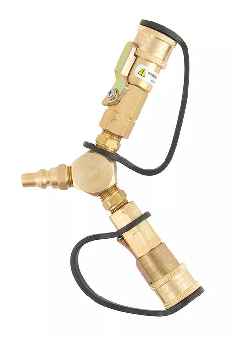 Brass Propane Y Splitter ME23YP with Shut Off - Angled View | United RV Parts