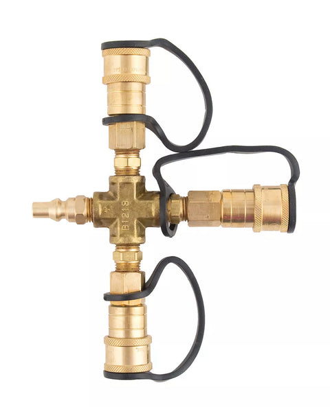 Brass RV Propane Cross Adapter ME24TP with 3 Quick Connect Ports - Front View | United RV Parts