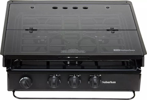 Suburban Glass Stove Top Bi-Fold Cover 2985A - Front Angle with Stovetop | United RV Parts
