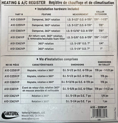 Valterra AC Register Sizing Chart A10-3361VP Dimensions Specifications | United RV Parts