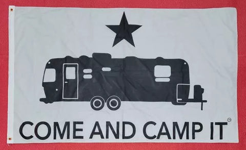 White Polyester Come And Camp It Double Sided RV Camping Flag 3x5 - Front View | United RV Parts