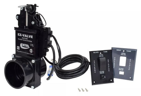 Black Valterra EZ Valve Electric Waste Valve E40B-8 Complete System - Side View | United RV Parts